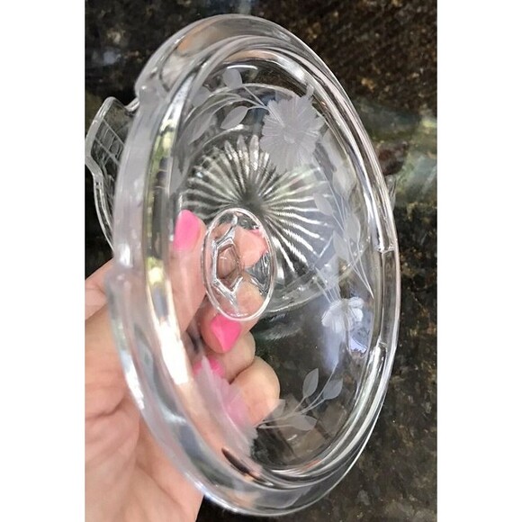 Antique Heisey Clear Glass Lidded Lemon Covered Dish Etched Floral Design - Picture 4 of 6